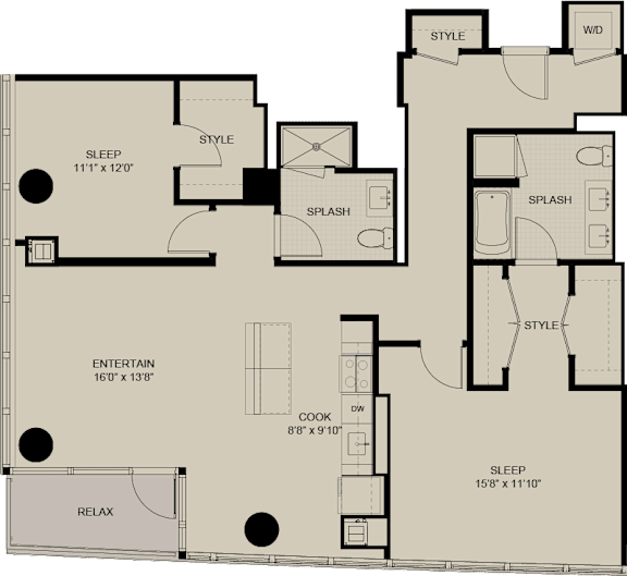 A floor plan of a house with labeled rooms such as sleep, splash, entertain, cook, and relax.