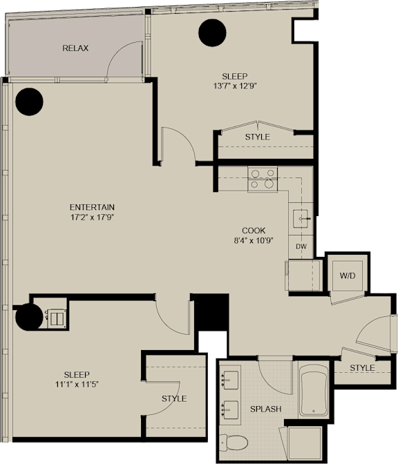 A floor plan of a house with labeled rooms such as RELAX, SLEEP, STYLE, ENTERTAIN, COOK, W/D, SPLASH, and RELAX.