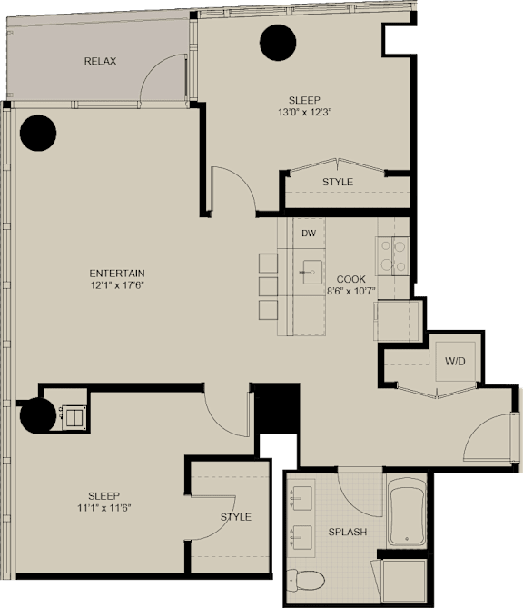 A floor plan of a house with labeled rooms such as RELAX, SLEEP, STYLE, ENTERTAIN, COOK, W/D, SPLASH and their respective dimensions.