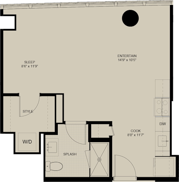 A floor plan of a house with a sleeping area, a style area, a splash area, a kitchen, and an entertainment area.