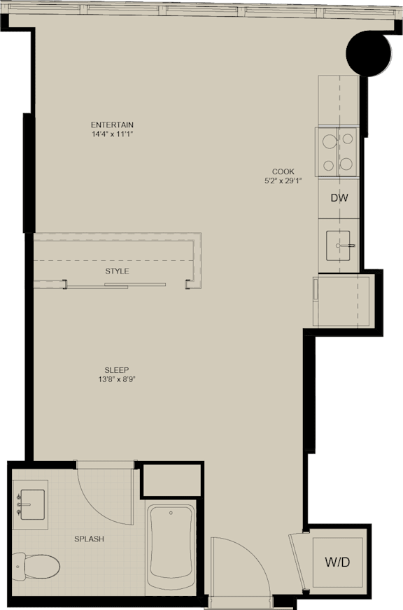 A floor plan of a house with labeled rooms such as Entertainment, Kitchen, Style, Splash, and W/D.