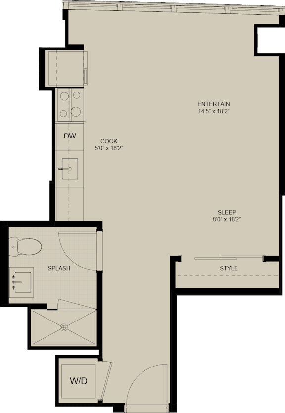 A floor plan of a house with labeled rooms such as DW, COOK, SLEEP, STYLE, and W/D.