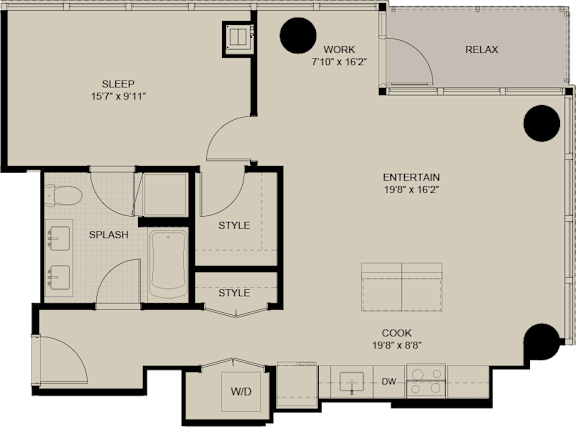 A floor plan of a house with labeled rooms such as sleep, work, and cook.