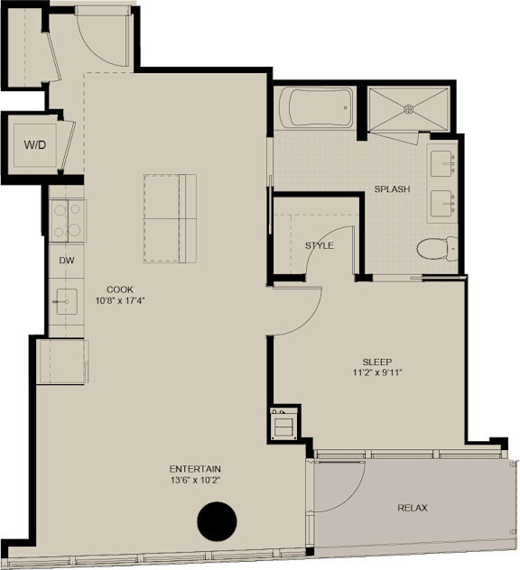 A floor plan of a house with a kitchen, bathroom, and living room.