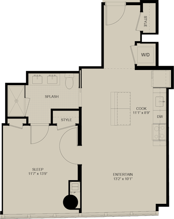A floor plan of a house with a sleeping area, a kitchen, and an entertainment area.
