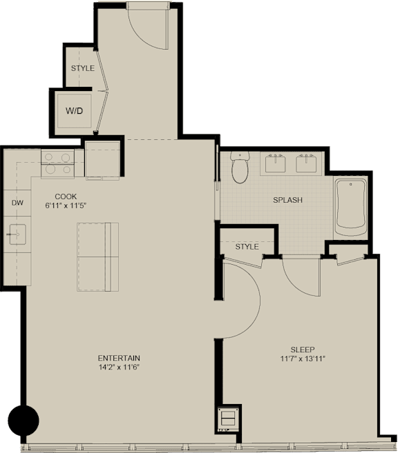 A floor plan of a house with labeled rooms such as "COOK", "SPLASH", "ENTERTAIN", and "SLEEP".
