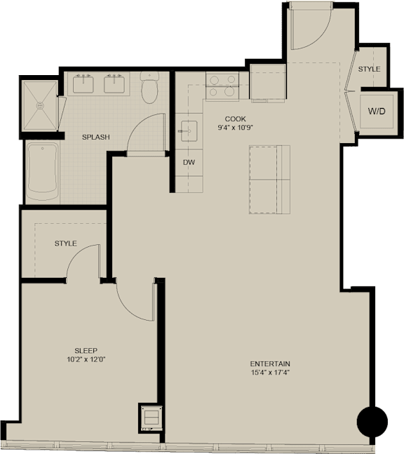 A floor plan of a house with a sleeping area, kitchen, and entertainment area.