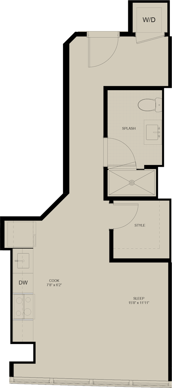 A floor plan shows a kitchen, a living room, a dining area, and a bedroom.