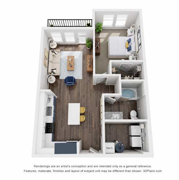 A 3D floor plan of a small apartment with a kitchen, living room, and bathroom.
