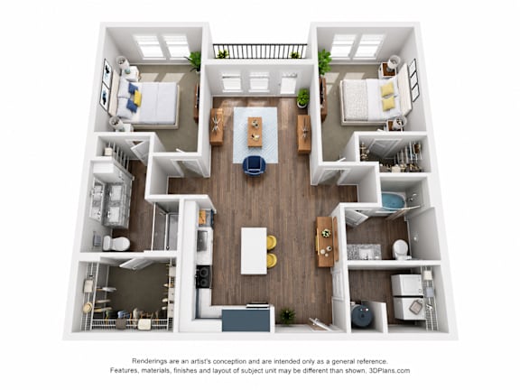 A 3D floor plan of a small apartment with a kitchen, living room, and two bedrooms.