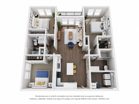 A 3D floor plan of a small apartment with a kitchen, living room, and two bedrooms.