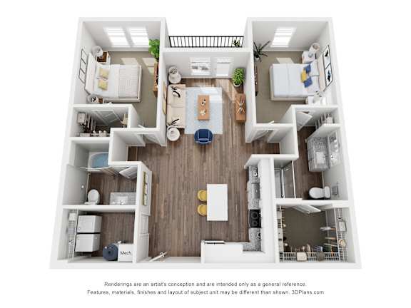 A 3D floor plan of a house with a kitchen, living room, and two bedrooms.