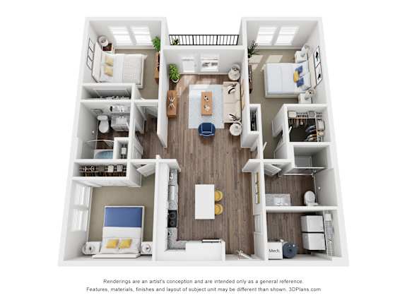 A 3D floor plan of a small apartment with a kitchen, living room, and two bedrooms.