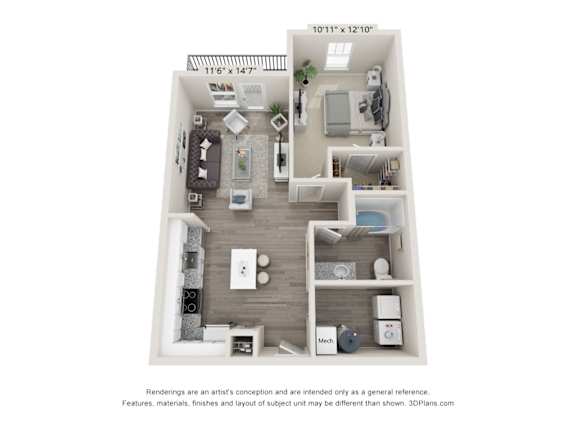 a stylized floor plan with a bedroom and a bathroom