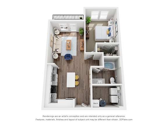 A 3D floor plan of a small apartment with a kitchen, living room, and bathroom.