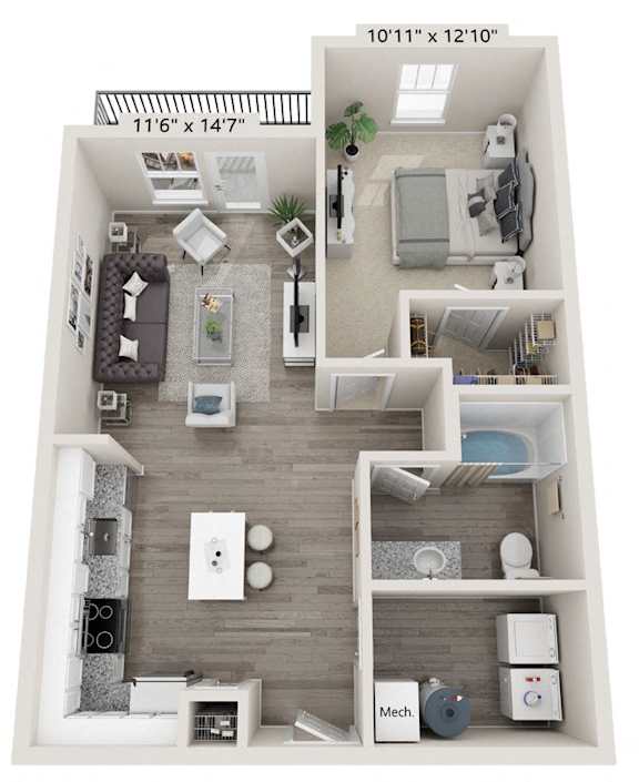 A 3D floor plan of a small apartment with a kitchen, living room, and bathroom.