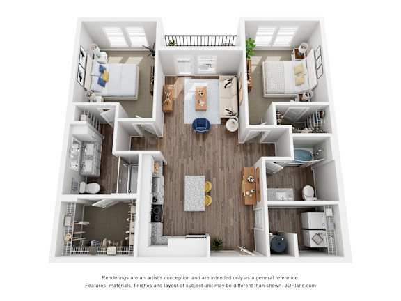 A 3D floor plan of a house with a kitchen, living room, and two bedrooms.