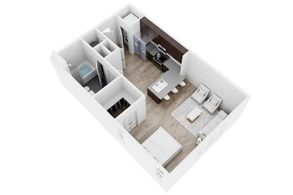 A top down view of a modern apartment layout.