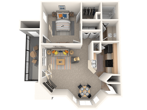 A 3D floor plan of a small apartment with a kitchen, living room, and bathroom.