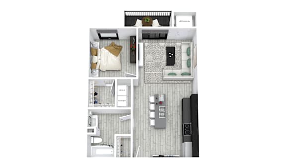 A top-down view of a small apartment with a kitchen, living room, and bathroom.