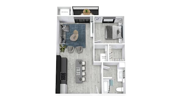 A floor plan of a small apartment with a kitchen, living room, and bathroom.