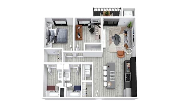 A top-down view of a modern apartment layout.