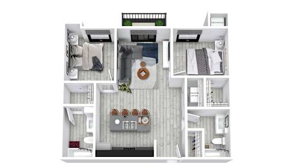 A floor plan of a small apartment with a kitchen, living room, and bedroom.
