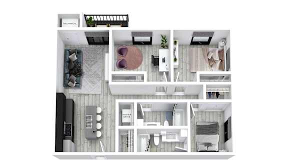 A modern apartment layout with a kitchen, living room, and bedroom.