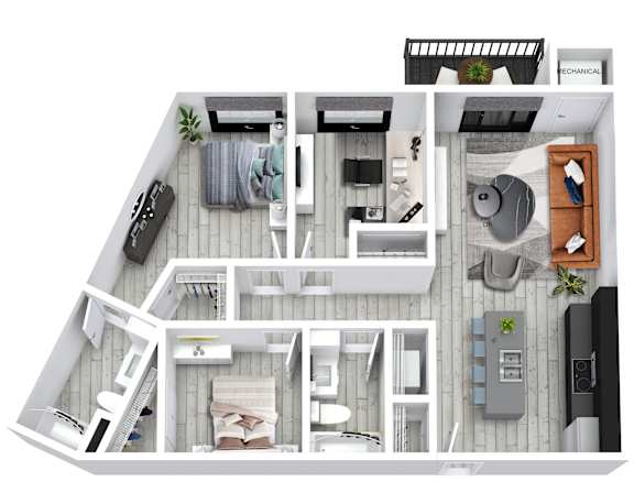 A top-down view of a small apartment with a kitchen, living room, and bedroom.