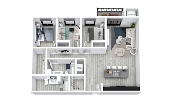 A white floor plan of a house with a kitchen, living room, and bedrooms.