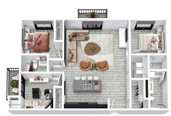 A floor plan of a small apartment with a kitchen, living room, and bathroom.