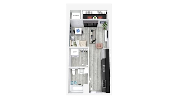 A top-down view of a small apartment with a kitchen, living room, and bathroom.