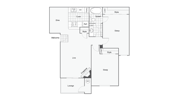 A floor plan of a house with a lounge, kitchen, and two bedrooms.