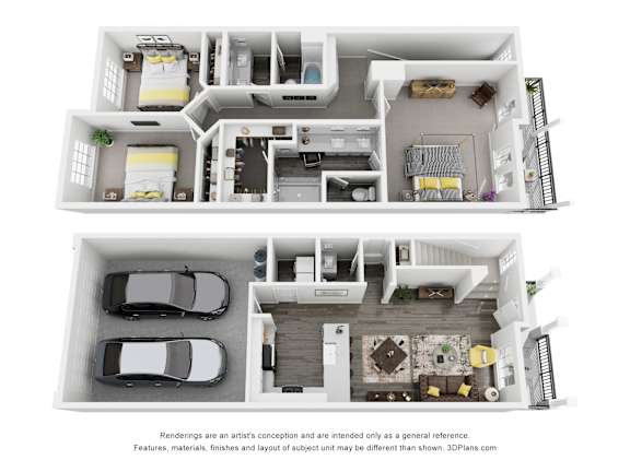 A 3D floor plan of a house with two bedrooms, a living room, a kitchen, a dining room, and a garage.
