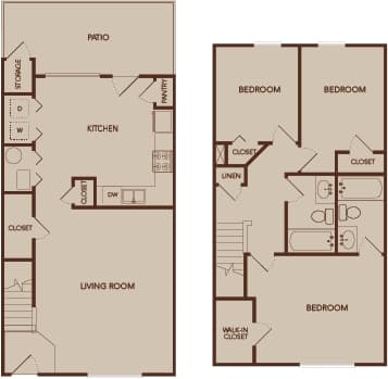 A floor plan of a house with two bedrooms, a living room, a kitchen, a pantry, a storage area, and a patio.