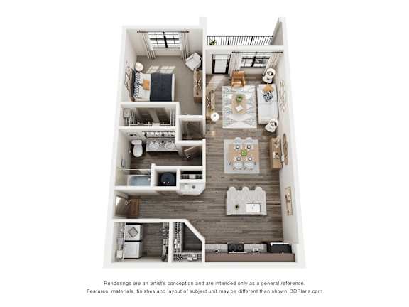 A 3D floor plan of a house with a kitchen, living room, and two bedrooms.