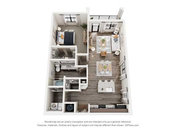 A 3D floor plan of a small apartment with a kitchen, living room, and bedrooms.