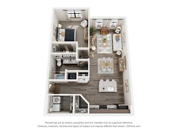 A 3D floor plan of a house with a kitchen, living room, and bathrooms.