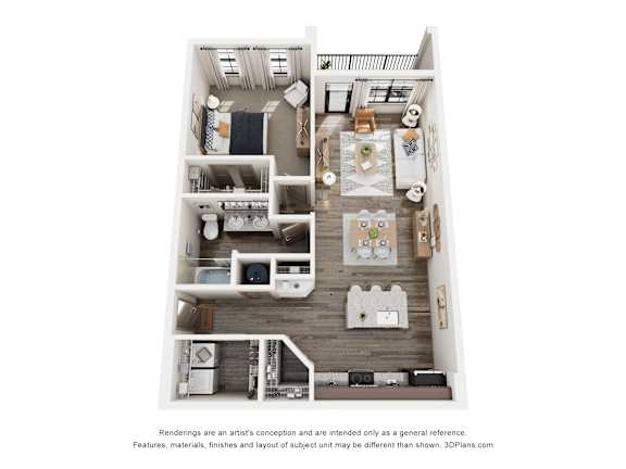 A 3D floor plan of a house with a kitchen, living room, and two bedrooms.