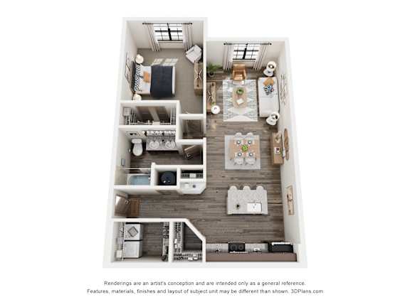 A 3D floor plan of a small apartment with a kitchen, living room, and two bedrooms.