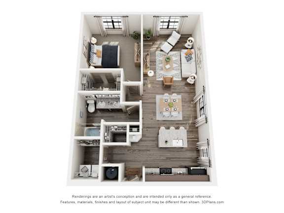A 3D floor plan of a house with a kitchen, living room, and two bedrooms.