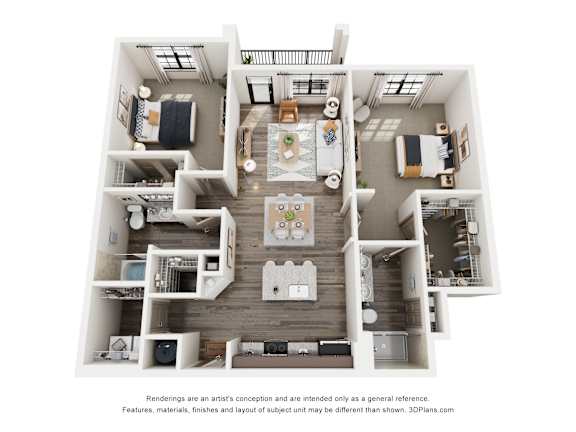 A 3D floor plan of a house with a kitchen, living room, dining room, and two bedrooms.