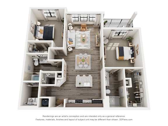 A 3D floor plan of a house with multiple rooms and furniture.