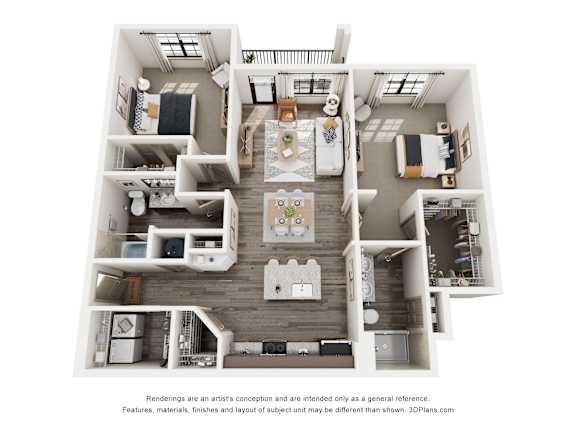 A 3D floor plan of a house with multiple rooms and furniture.