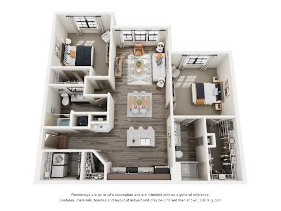 A 3D floor plan of a house with a kitchen, living room, and bedrooms.