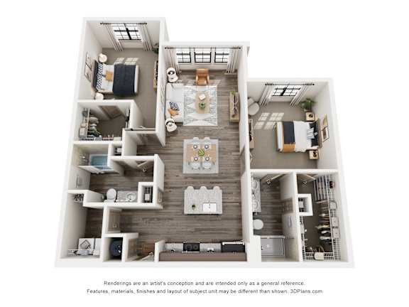 A 3D floor plan of a house with a kitchen, living room, and two bedrooms.