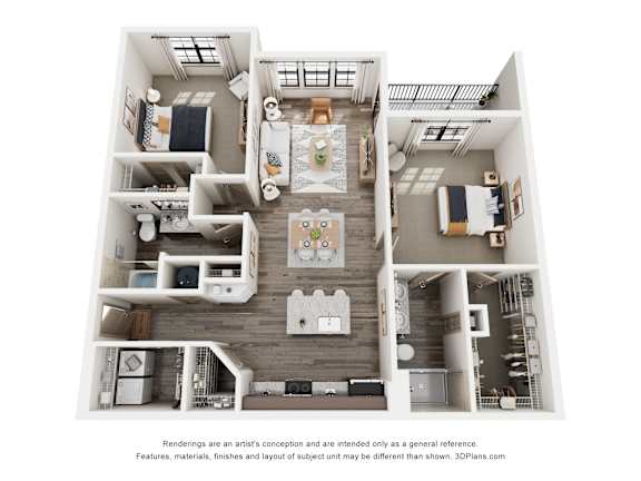 A 3D floor plan of a house with a kitchen, living room, dining room, and bedrooms.