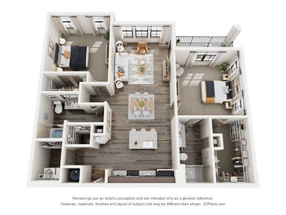 A 3D floor plan of a house with a kitchen, living room, and bedrooms.