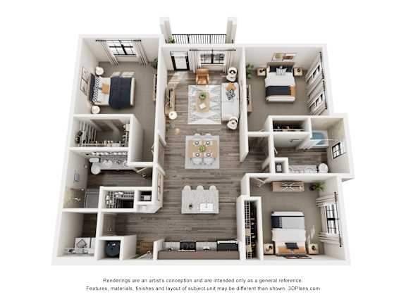 A 3D floor plan of a house with multiple rooms and furniture.