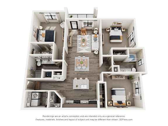 A 3D floor plan of a house with multiple rooms and furniture.